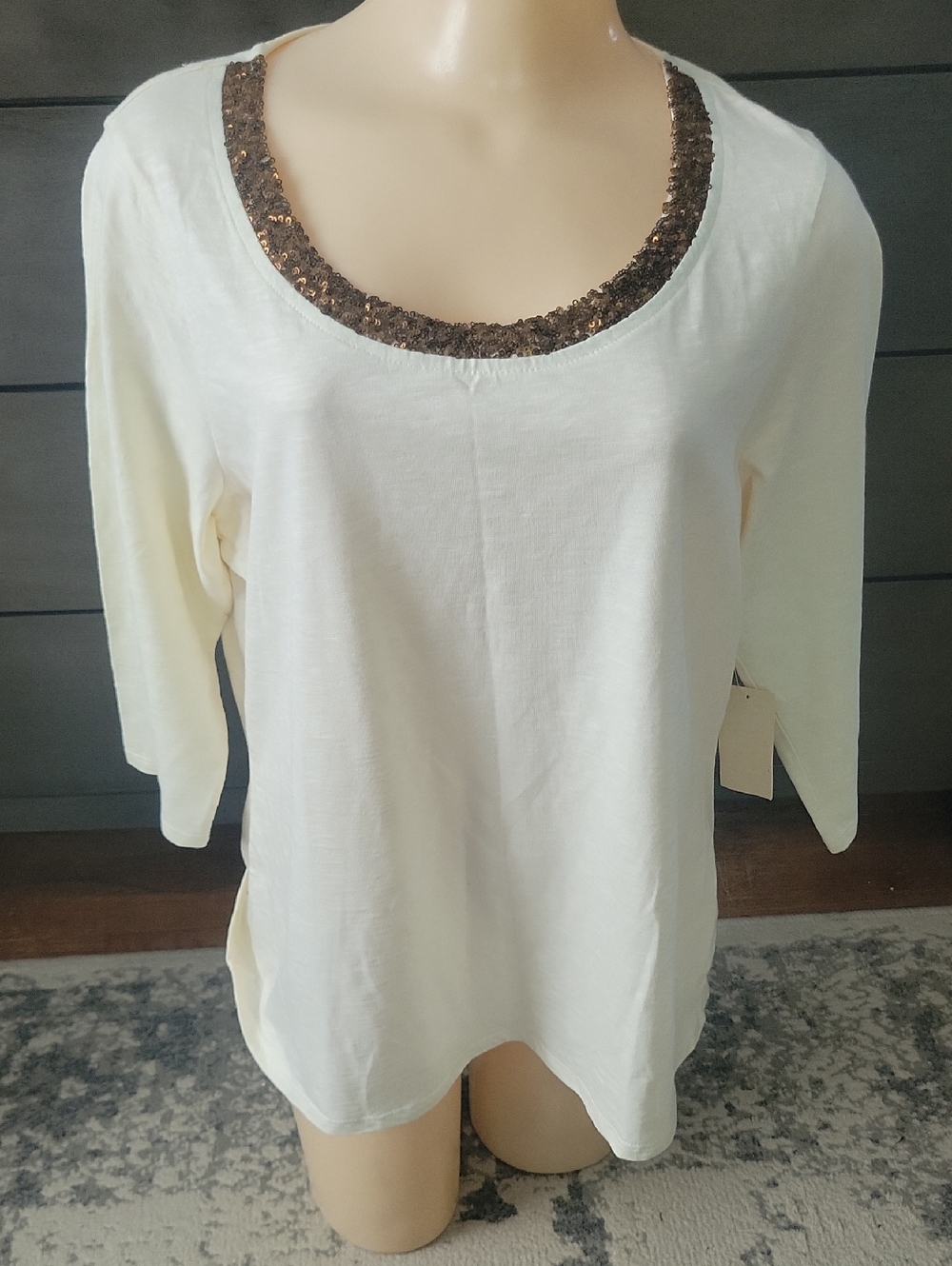 Coldwater Creek Cream Long Sleeve Top with Brown Sequin Neckline